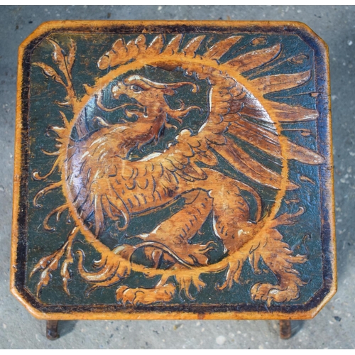 2608 - A RARE CONTINENTAL ART NOUVEAU FRUITWOOD PHOENIX STOOL decorated with various birds. 52 cm x 41 cm.