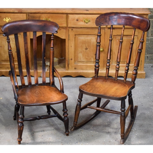 2610 - AN ANTIQUE FRUITWOOD ROCKING CHAIR together with another similar chair. Largest 92 cm x 40 cm. (2)