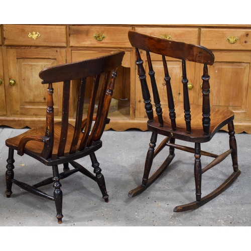 2610 - AN ANTIQUE FRUITWOOD ROCKING CHAIR together with another similar chair. Largest 92 cm x 40 cm. (2)