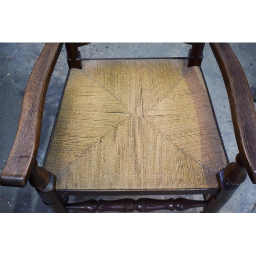 2616 - AN ERCOL STYLE DINING TABLE with five chairs. Table 146 cm x 70 cm. (6)