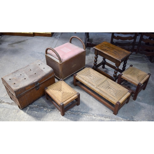 2618 - A VINTAGE TRUNK together with a Lloyd loom type seat etc. (7)