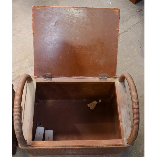 2618 - A VINTAGE TRUNK together with a Lloyd loom type seat etc. (7)
