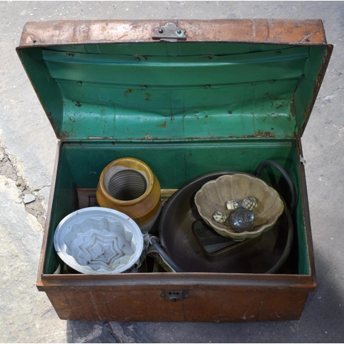 2618 - A VINTAGE TRUNK together with a Lloyd loom type seat etc. (7)
