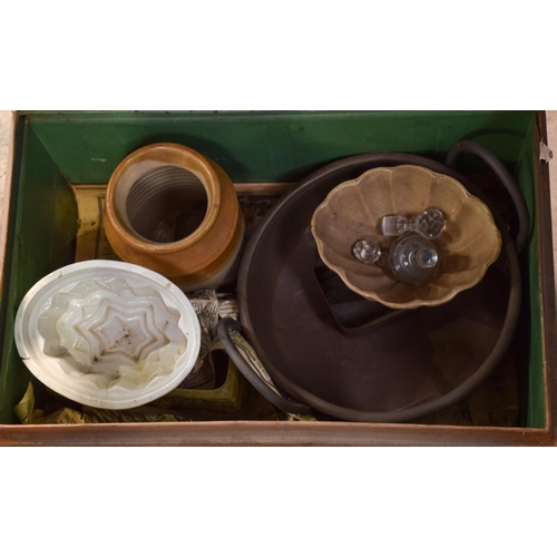 2618 - A VINTAGE TRUNK together with a Lloyd loom type seat etc. (7)