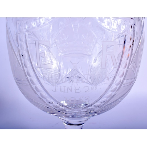 32 - AN ENGLISH CORONATION JUNE 2ND 1953 CUT GLASS GOBLET Webb or Whitefriars. 21 cm x 15 cm.