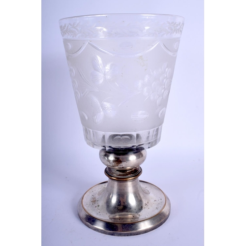 37 - A LARGE EARLY 20TH CENTURY ENGLISH CUT CRYSTAL GLASS GOBLET VASE with silver plated rim. 22 cm x 8 c... 