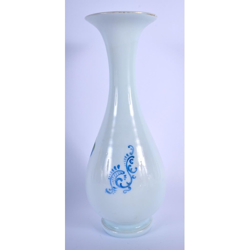 4 - AN EDWARDIAN ENAMELLED OPALINE GLASS VASE painted with birds. 30 cm high.