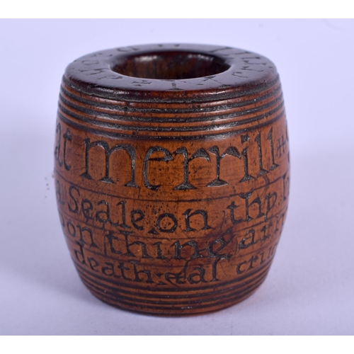 760 - A LOVELY 18TH CENTURY BOXWOOD TREEN CARVED WOOD NUT CRUCKER inscribed with a poem. 6.5 cm x 5 cm.