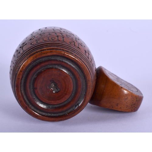 760 - A LOVELY 18TH CENTURY BOXWOOD TREEN CARVED WOOD NUT CRUCKER inscribed with a poem. 6.5 cm x 5 cm.