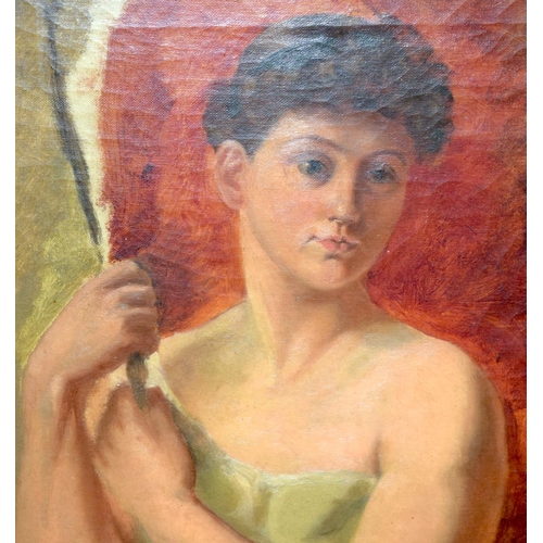 792 - British School (Early 20th Century) Oil on canvas, Female before the red drapes. Image 42 cm x 34 cm... 