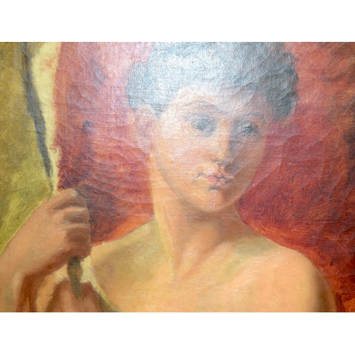 792 - British School (Early 20th Century) Oil on canvas, Female before the red drapes. Image 42 cm x 34 cm... 