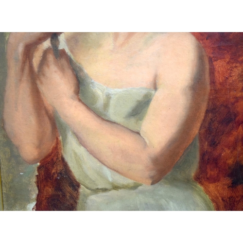 792 - British School (Early 20th Century) Oil on canvas, Female before the red drapes. Image 42 cm x 34 cm... 