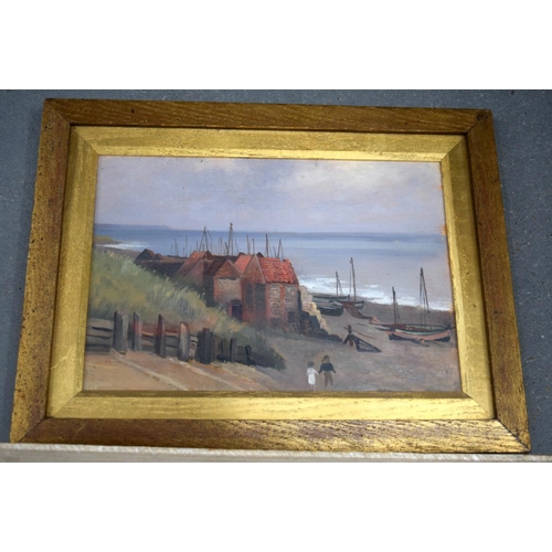 803 - British School (19th/20th Century) Two Oils, Coastal Views, Folk style. Largest image 21 cm x 27 cm.... 