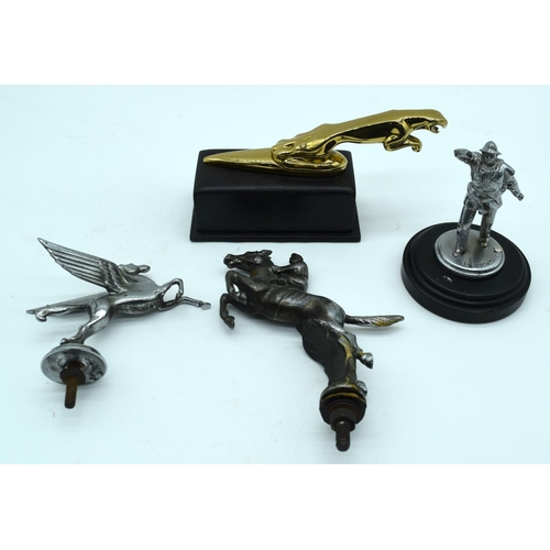 2532 - A Collection of metal car mascots including Jaguar , Pegasus , horse & Jockey and a life boatman fig... 
