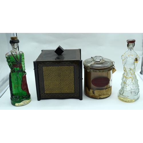 2538 - A vintage Italian  metal  ice bucket together with a Jamaican cigar container and two Spanish bottle... 