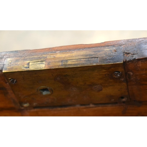 2567 - A VERY LARGE 19TH CENTURY OAK BOUND BRASS HANDLED COFFER of huge proportions. 106 cm x 59 cm.