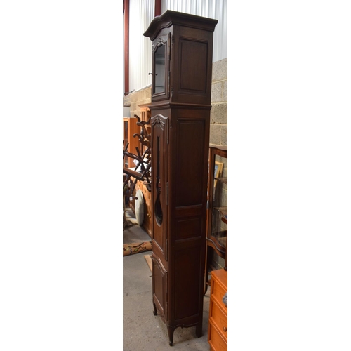 2575 - A 19TH CENTURY CONTINENTAL FRUITWOOD LONG CASE CLOCK by La Rosage, with gilded dial. 236 cm x 40 cm.