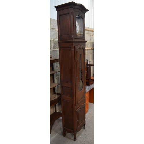 2575 - A 19TH CENTURY CONTINENTAL FRUITWOOD LONG CASE CLOCK by La Rosage, with gilded dial. 236 cm x 40 cm.