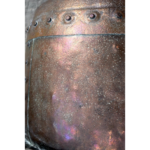 2580 - AN ANTIQUE COPPER RIVETED JARDINIERE upon a stand. 35 cm x 54 cm.