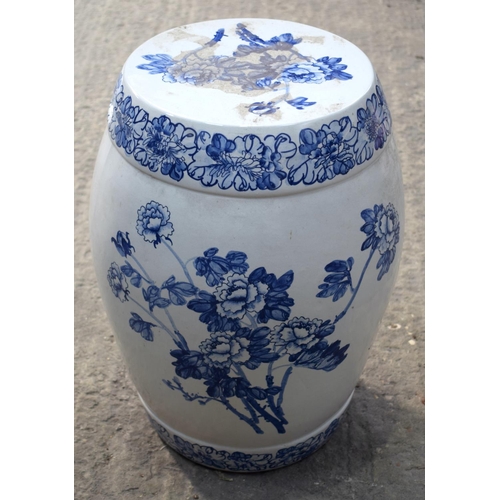 2586 - A CONTINENTAL PORCELAIN BARREL GARDEN SEAT. 48 cm x 27 cm.