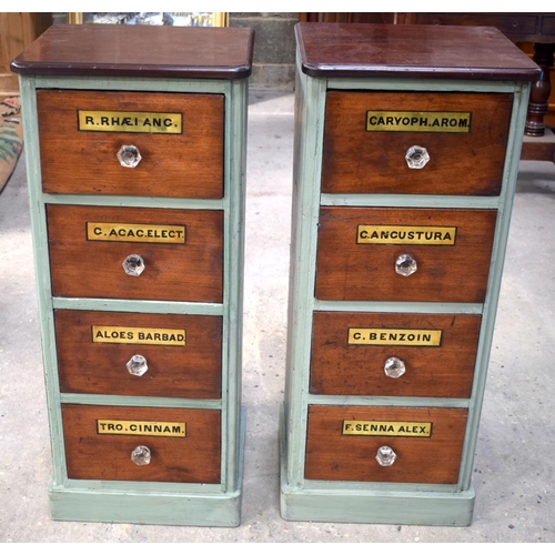 2593 - A CHARMING PAIR OF GREEN PAINTED ANTIQUE APOTHECARY CHESTS with prism cut handles. 86.5 cm x 36 cm.