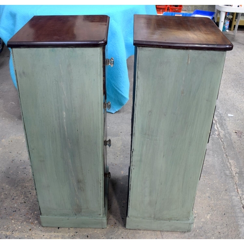 2593 - A CHARMING PAIR OF GREEN PAINTED ANTIQUE APOTHECARY CHESTS with prism cut handles. 86.5 cm x 36 cm.