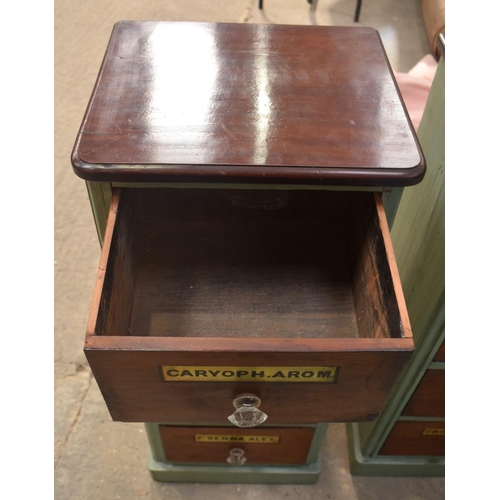 2593 - A CHARMING PAIR OF GREEN PAINTED ANTIQUE APOTHECARY CHESTS with prism cut handles. 86.5 cm x 36 cm.