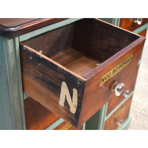 2594 - A CHARMING PAIR OF GREEN PAINTED ANTIQUE APOTHECARY CHESTS with prism cut handles. 84.5 cm x 36 cm.