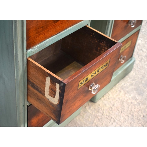 2594 - A CHARMING PAIR OF GREEN PAINTED ANTIQUE APOTHECARY CHESTS with prism cut handles. 84.5 cm x 36 cm.