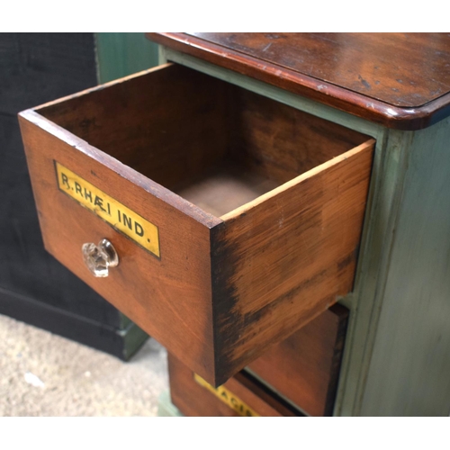 2595 - A SMALLER CHARMING PAIR OF GREEN PAINTED ANTIQUE APOTHECARY CHESTS with prism cut handles. 67 cm x 3... 