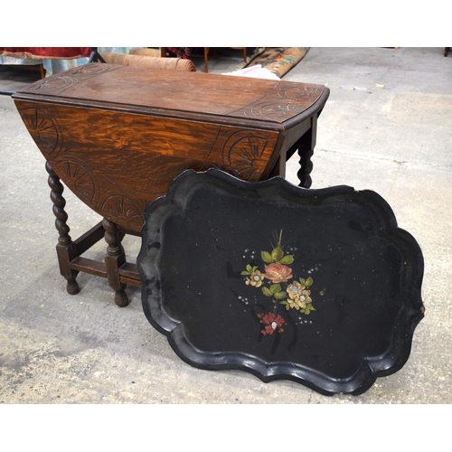 2596 - AN OAK GATELEG TABLE and a lacquer tray. 115 cm x 74 cm x 88 cm extended. (2)