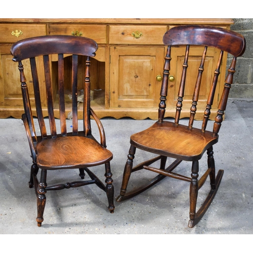 2610 - AN ANTIQUE FRUITWOOD ROCKING CHAIR together with another similar chair. Largest 92 cm x 40 cm. (2)