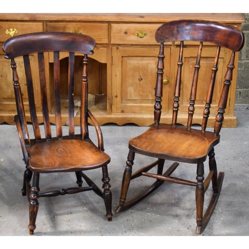 2610 - AN ANTIQUE FRUITWOOD ROCKING CHAIR together with another similar chair. Largest 92 cm x 40 cm. (2)