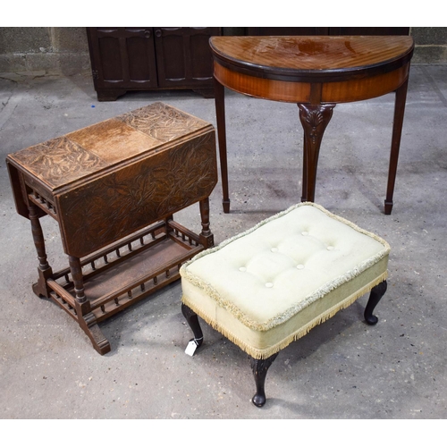 2614 - AN ARTS AND CRAFTS FOLDING TABLE together with a card table & stool. (3)
