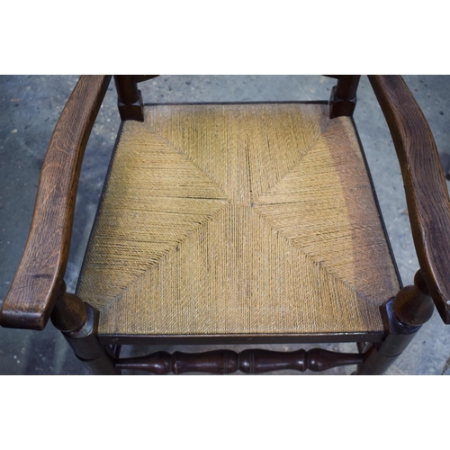 2616 - AN ERCOL STYLE DINING TABLE with five chairs. Table 146 cm x 70 cm. (6)