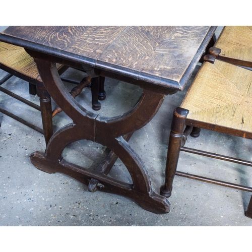 2616 - AN ERCOL STYLE DINING TABLE with five chairs. Table 146 cm x 70 cm. (6)