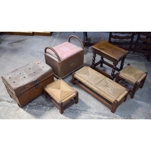 2618 - A VINTAGE TRUNK together with a Lloyd loom type seat etc. (7)