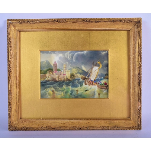 123 - 19th c. English porcelain plaque,  painted with fishermen in a rough sea nearing land and a continen... 