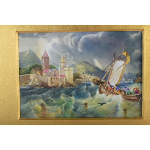 123 - 19th c. English porcelain plaque,  painted with fishermen in a rough sea nearing land and a continen... 