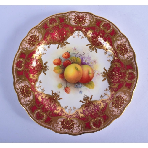 126 - Royal Worcester fine plate with elaborate crimson and raised gilt border painted with fruit byA. Shu... 