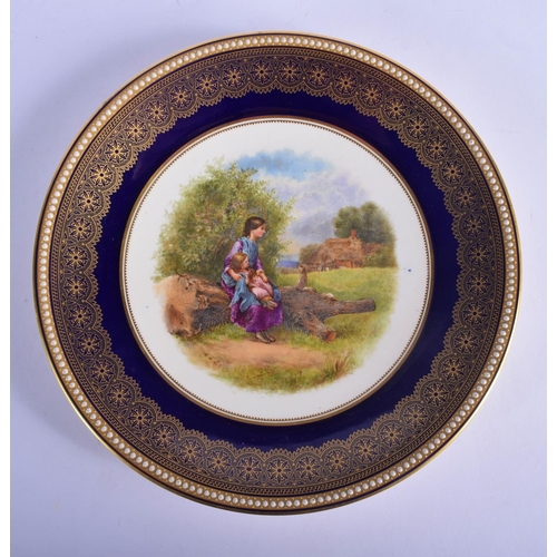 128 - Royal Worcester fine plate painted with a Gypsy girl seated on a log with a baby, too early to be si... 