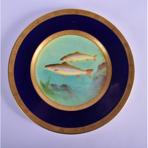 131 - Royal Worcester fine plate painted with swimming fish, titled Char, by Harry Ayrton signed date code... 