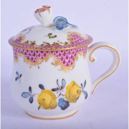 132 - 18th/early 19th c. Vienna custard cup and cover painted with flowers under a pink scale border,bee h... 