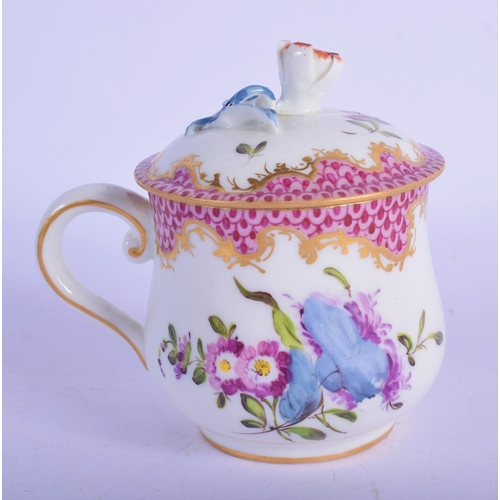 132 - 18th/early 19th c. Vienna custard cup and cover painted with flowers under a pink scale border,bee h... 