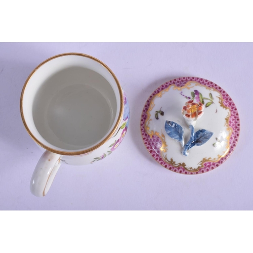 132 - 18th/early 19th c. Vienna custard cup and cover painted with flowers under a pink scale border,bee h... 
