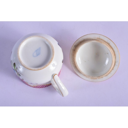 132 - 18th/early 19th c. Vienna custard cup and cover painted with flowers under a pink scale border,bee h... 