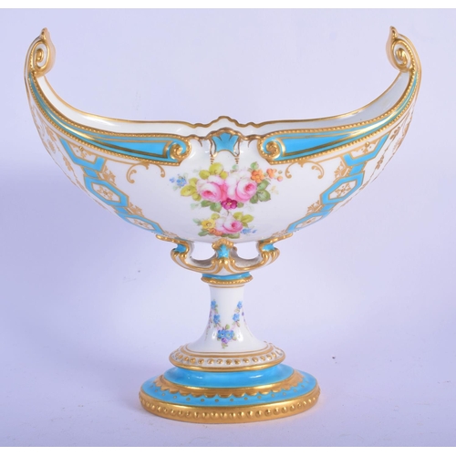 143 - Royal Crown Derby two handled baluster  pedestal vase painted with roses and other flowers with turq... 