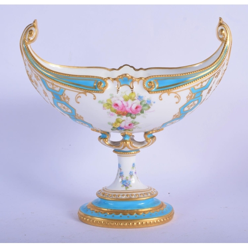 143 - Royal Crown Derby two handled baluster  pedestal vase painted with roses and other flowers with turq... 