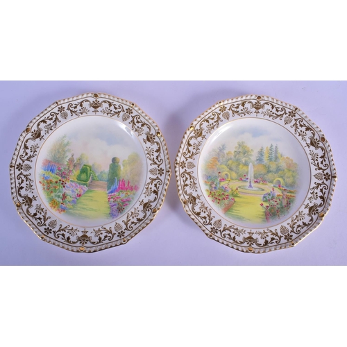 144 - Derby King St. factory shaped circular plates painted with a garden in summer one with a fountain, t... 