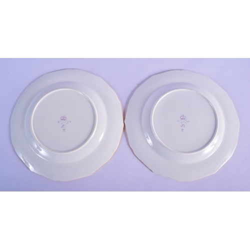 144 - Derby King St. factory shaped circular plates painted with a garden in summer one with a fountain, t... 